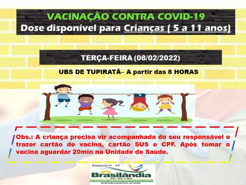 VACINAÇÃO CONTRA COVID-19 
DOSE DISPONÍVEL PARA CRIANÇAS (5 A 11 ANOS)  UBS DE TUPIRATÃ.