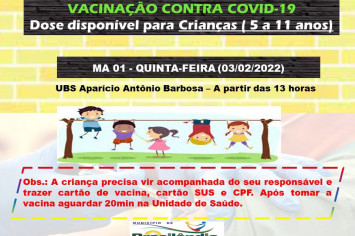 VACINAÇÃO CONTRA COVID-19 DISPONÍVEL PARA CRIANÇAS (5 A 11 ANOS).