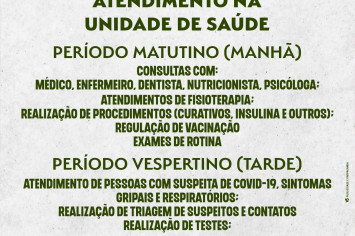 ATENÇÃO POPULAÇÃO! NOVO HORÁRIO PARA ATENDIMENTOS NA UNIDADE DE SAÚDE.